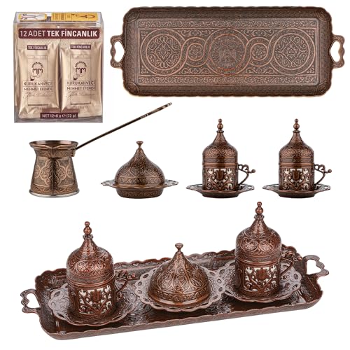Alisveristime Premium Turkish Coffee Set 12Person Turkish Coffee Cezve 2Person Cups Delight Bowl and Tray 4 Colors Brown - Image 3