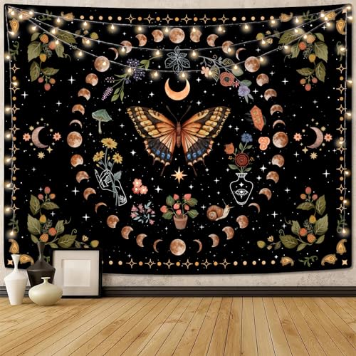 Aipon Yellow Butterfly Moon Flower Tapestry Botanical Floral Plant Boho Tapestry for Bedroom Aesthetic Vintage Tapestries Wall Hanging for Living Room Dorm (36.00'' × 48.00'', Yellow) - Image 1