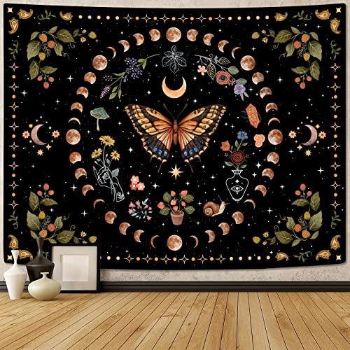 Aipon Yellow Butterfly Moon Flower Tapestry Botanical Floral Plant Boho Tapestry for Bedroom Aesthetic Vintage Tapestries Wall Hanging for Living Room Dorm (36.00'' × 48.00'', Yellow) - Image 5