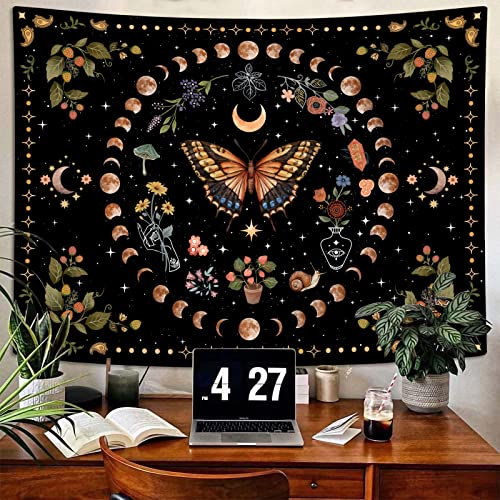Aipon Yellow Butterfly Moon Flower Tapestry Botanical Floral Plant Boho Tapestry for Bedroom Aesthetic Vintage Tapestries Wall Hanging for Living Room Dorm (36.00'' × 48.00'', Yellow) - Image 2