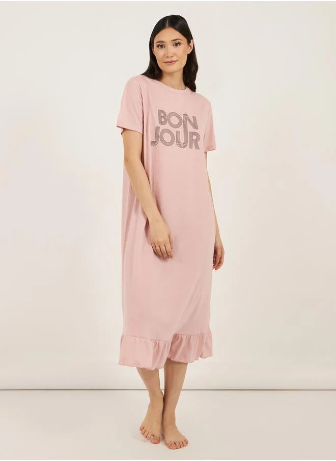 Styli Slogan Print Ruffle Hem Sleep T-Shirt Dress