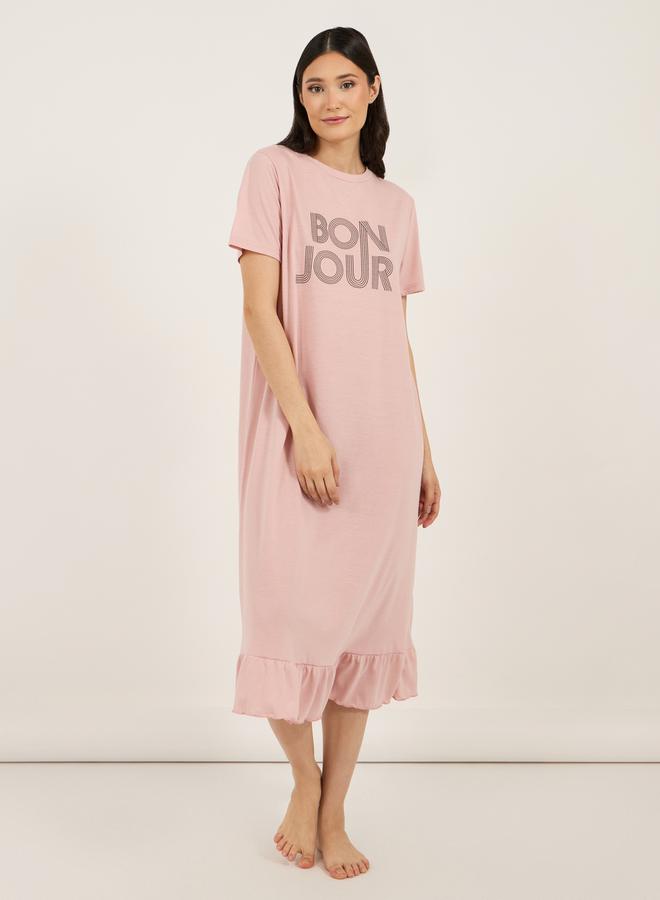 Styli Slogan Print Ruffle Hem Sleep T-Shirt Dress  - Image 1