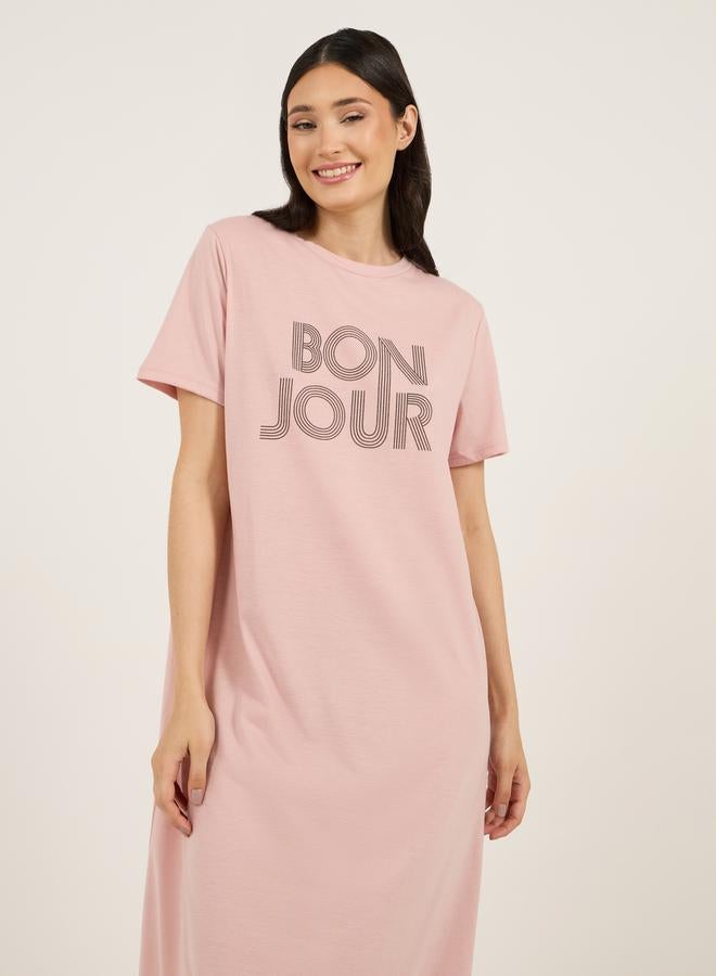 Styli Slogan Print Ruffle Hem Sleep T-Shirt Dress  - Image 2