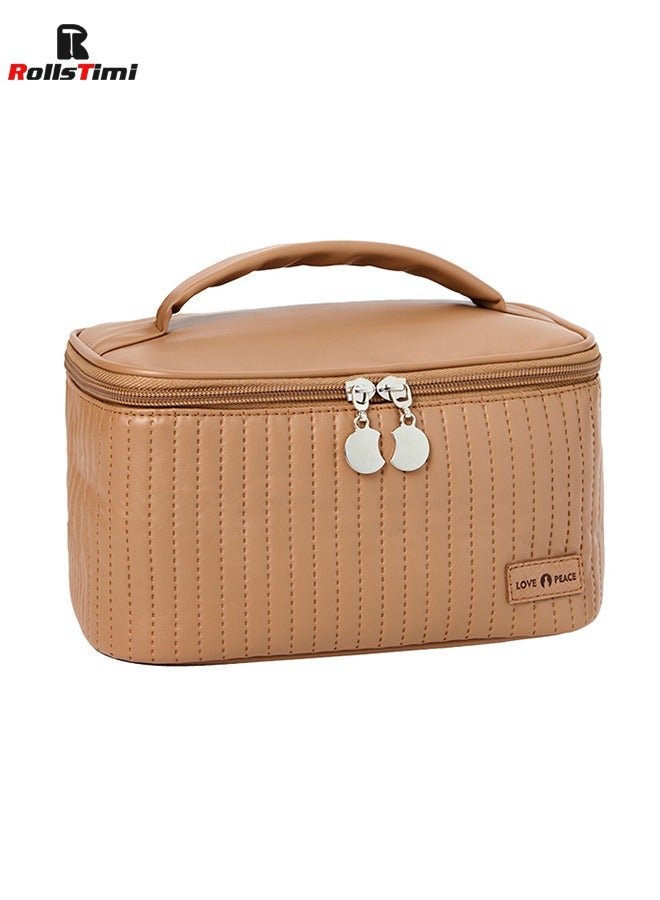 RollsTimi  Large Capacity Travel Cosmetic Bag Stripe Checkered Makeup Bag Portable Leather Waterproof Skincare Bag With Handle And Divider For Women,Coffee - Image 1