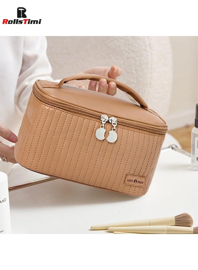 RollsTimi  Large Capacity Travel Cosmetic Bag Stripe Checkered Makeup Bag Portable Leather Waterproof Skincare Bag With Handle And Divider For Women,Coffee - Image 2