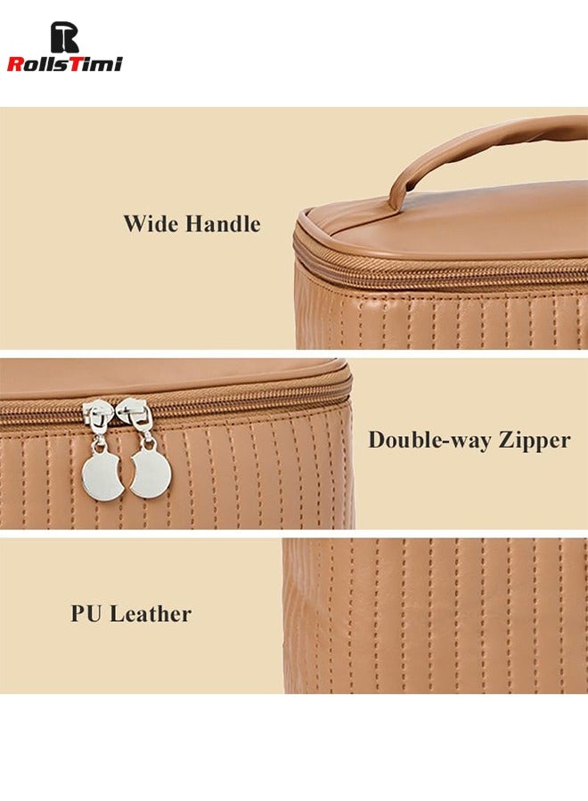 RollsTimi  Large Capacity Travel Cosmetic Bag Stripe Checkered Makeup Bag Portable Leather Waterproof Skincare Bag With Handle And Divider For Women,Coffee - Image 3