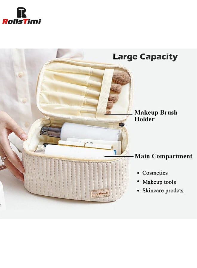 RollsTimi  Large Capacity Travel Cosmetic Bag Stripe Checkered Makeup Bag Portable Leather Waterproof Skincare Bag With Handle And Divider For Women,Coffee - Image 4