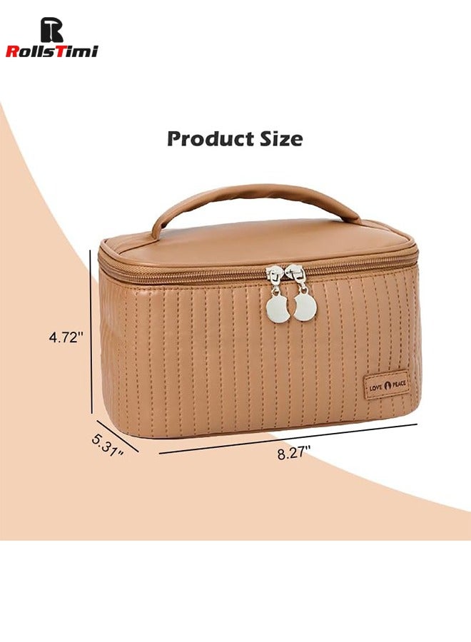 RollsTimi  Large Capacity Travel Cosmetic Bag Stripe Checkered Makeup Bag Portable Leather Waterproof Skincare Bag With Handle And Divider For Women,Coffee - Image 5
