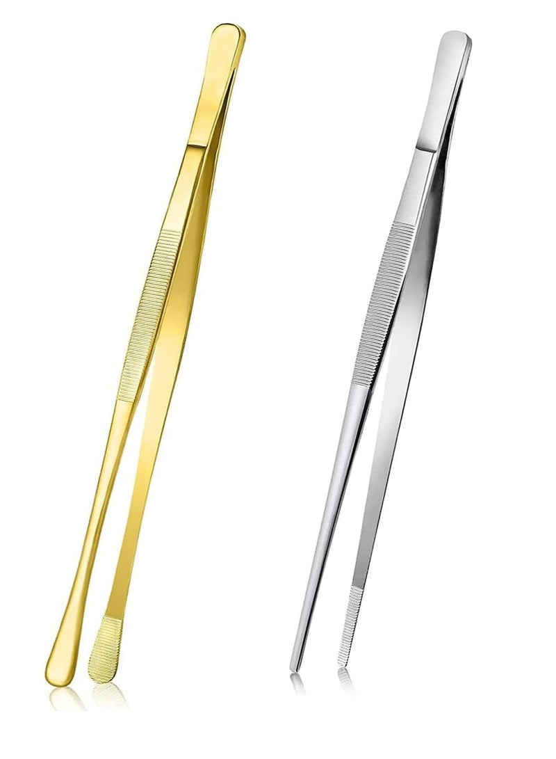 KASTWAVE Cooking Tweezer Tongs, Stainless Steel 12" Kitchen Pointed Round Head Tweezers with Precision Serrations for Baking Decor, Kitchen Cooking, Grilling Seafood 2 Pcs, Black - Image 1