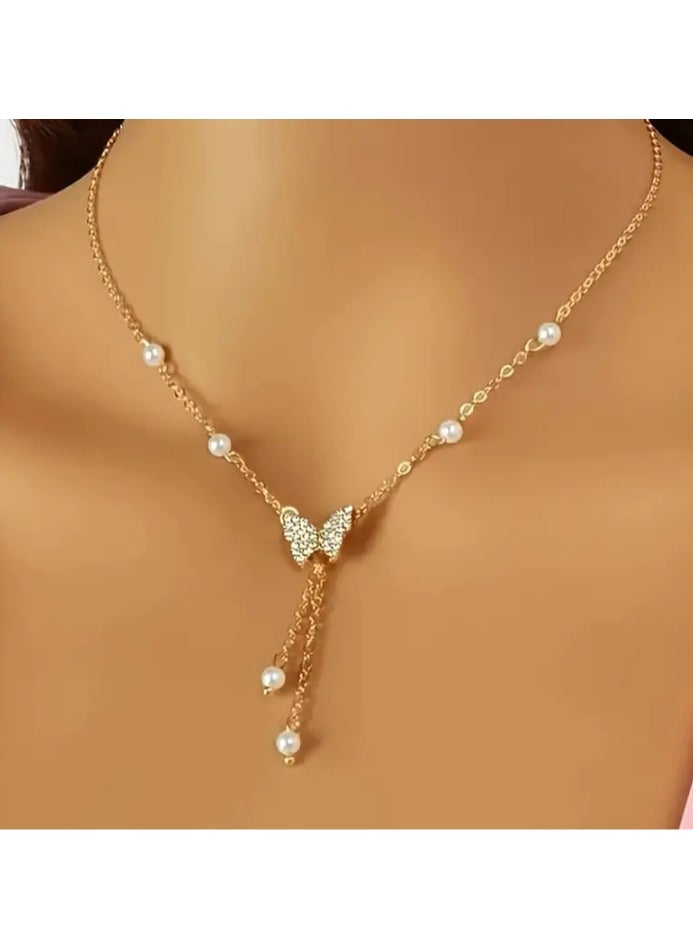 Generic 1pc Elegant Style Artificial Pearl Butterfly Pendant Necklace For Women Banquet Accessories  - Image 1