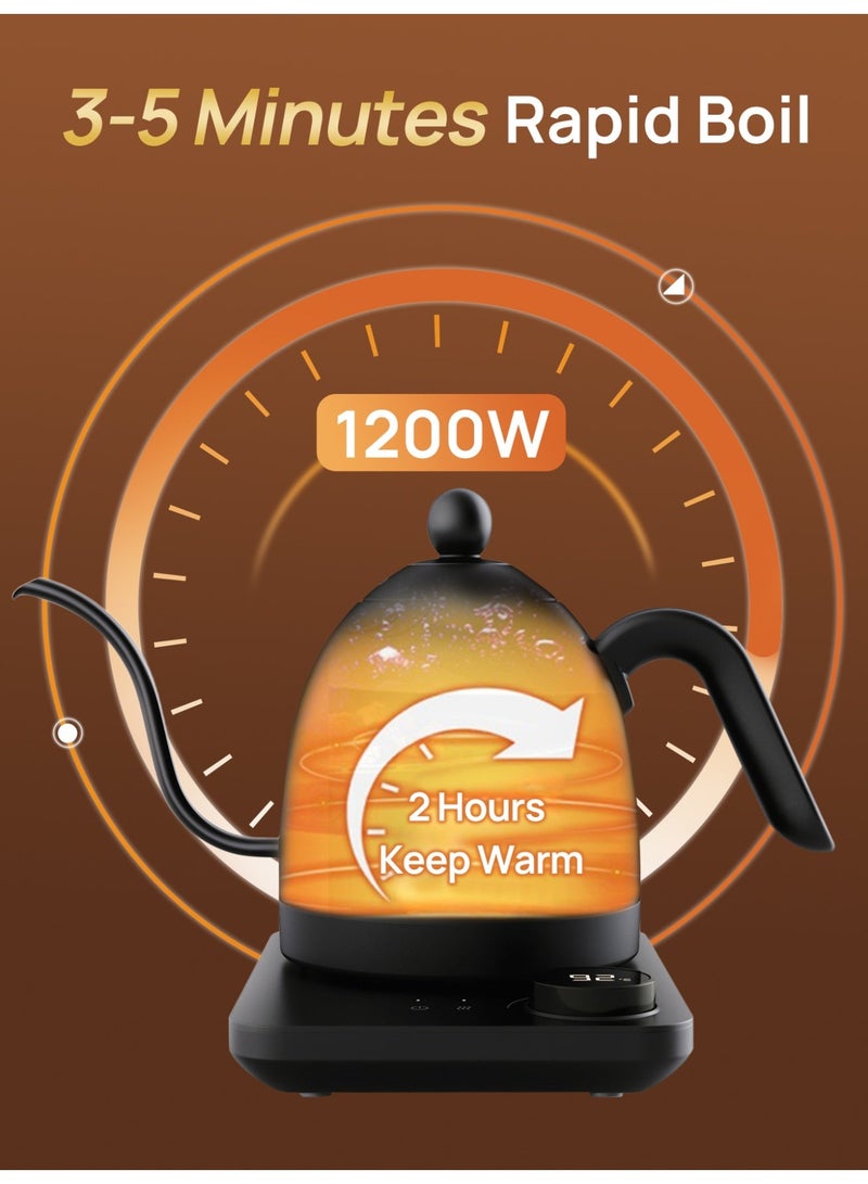 بريتيل غلاية كهربائية على شكل عنق الإوزة V60 غلاية قهوة غلاية شاي 0.8 لتر طاقة 1200 وات زر دوار درجة حرارة قابلة للتعديل مع عزل تسخين سريع مثالية لصب القهوة في المنزل والمكتب ركن القهوة أسود غير لامع - Image 5
