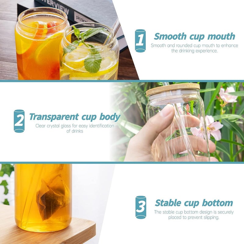 KELVEE Beer Can Shaped Drinking Glasses with Airtight Wooden Lid and Glass Straw Pack of 4 Sipper Travel Home Office for Fruit Juice Cocktail Soda Iced Tea Coffee Hot Cold Beverage Tumbler 540ml - Image 3