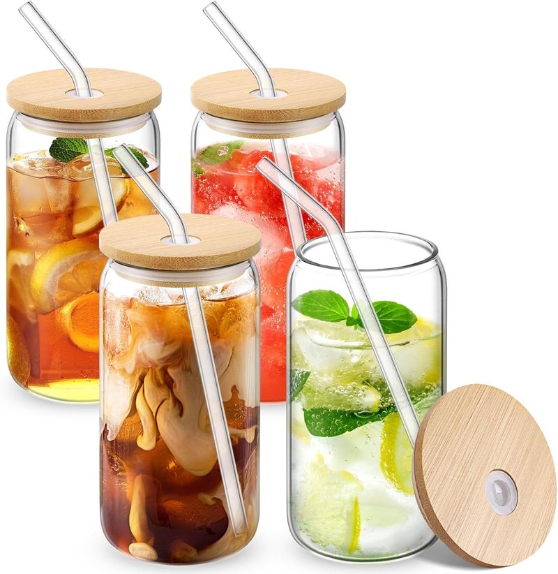 KELVEE Beer Can Shaped Drinking Glasses with Airtight Wooden Lid and Glass Straw Pack of 4 Sipper Travel Home Office for Fruit Juice Cocktail Soda Iced Tea Coffee Hot Cold Beverage Tumbler 540ml - Image 1