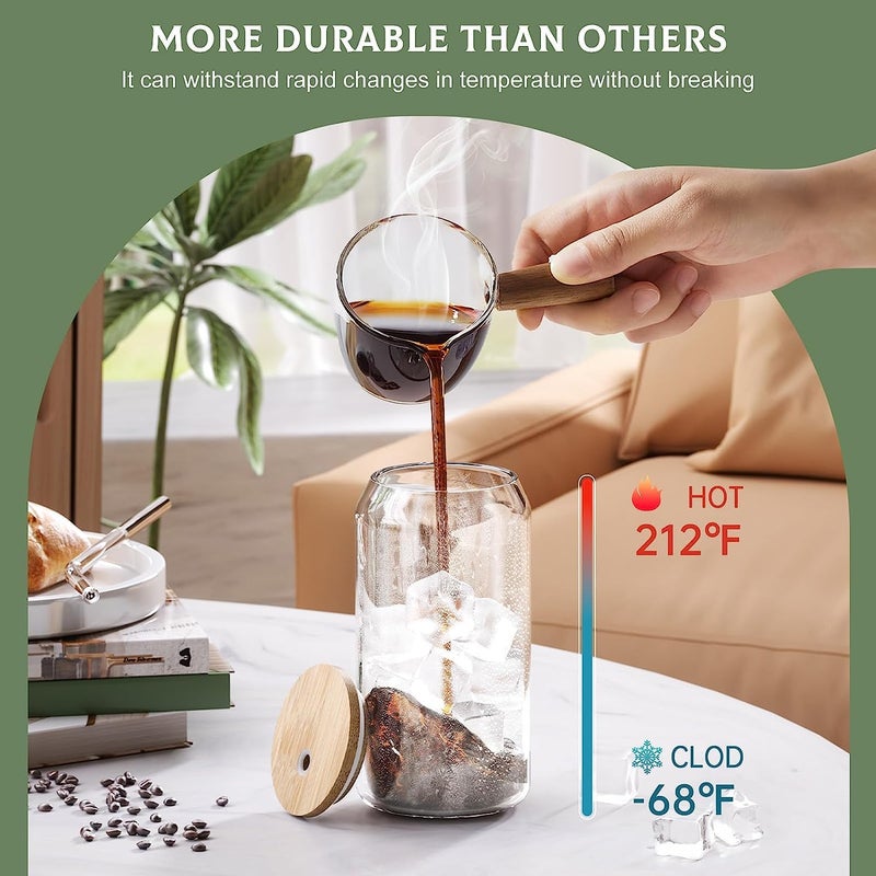 KELVEE Beer Can Shaped Drinking Glasses with Airtight Wooden Lid and Glass Straw Pack of 4 Sipper Travel Home Office for Fruit Juice Cocktail Soda Iced Tea Coffee Hot Cold Beverage Tumbler 540ml - Image 4