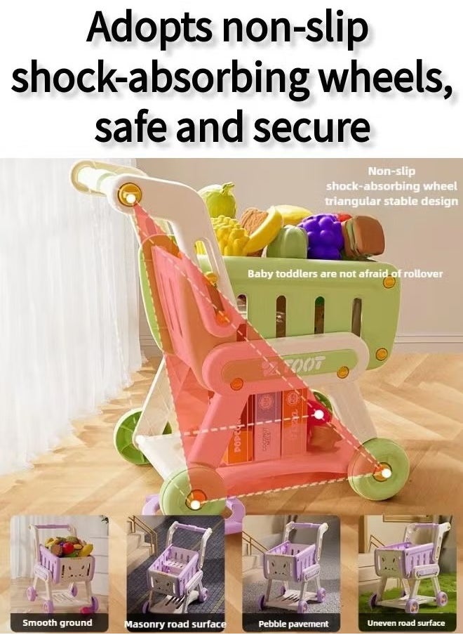 Generic - Children's Shopping Trolley, Double-Layer, can be Played or Stored, Round Wheels, Suitable for a Variety of Surfaces, Including Toy Fruits, Vegetables and Other Accessories, Baby Learning to Walk, Role-Playing, Educational Games, Shopping and Leisure Functions are Diverse, Experience the Fun of Shopping (Green Version) - Image 1
