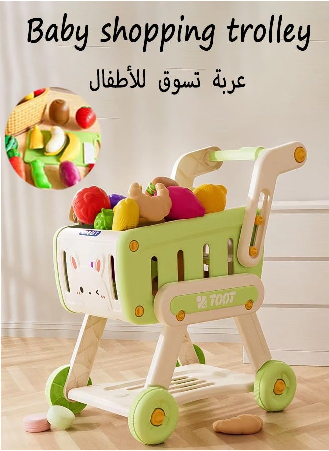 Generic - Children's Shopping Trolley, Double-Layer, can be Played or Stored, Round Wheels, Suitable for a Variety of Surfaces, Including Toy Fruits, Vegetables and Other Accessories, Baby Learning to Walk, Role-Playing, Educational Games, Shopping and Leisure Functions are Diverse, Experience the Fun of Shopping (Green Version) - Image 1