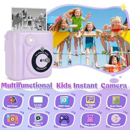 Hikkon Instant Print Camera for Kids 24 Inch Kids Camera Instant Print with Paper 32G Card Digital Children Toys as Christams Birthday Gifts for Girls Boys Age 312 Purple - Image 3