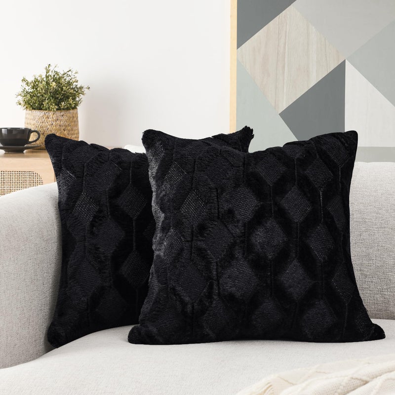 Volcanics Pack of 2 Faux Wool Throw Pillow Covers 18x18 Inches Decorative Farmhouse Velvet Couch Pillow Case Soft Plush Square Boho Cushion Pillowcase Black
