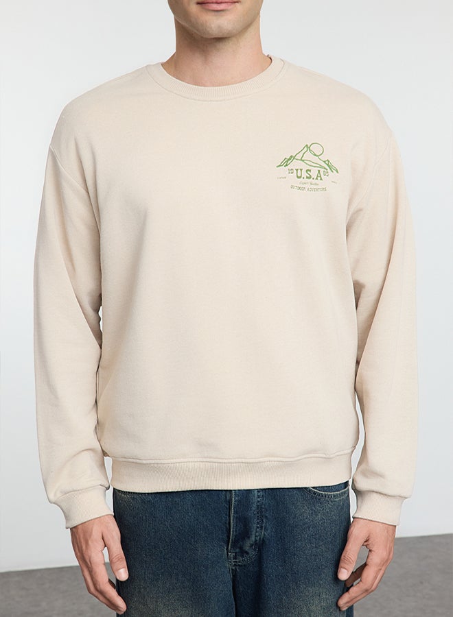 trendyol Stone Oversize/Wide Cut Printed and Embroidered Polar Fleece Sweatshirt TMNAW25SW00153 - Image 3
