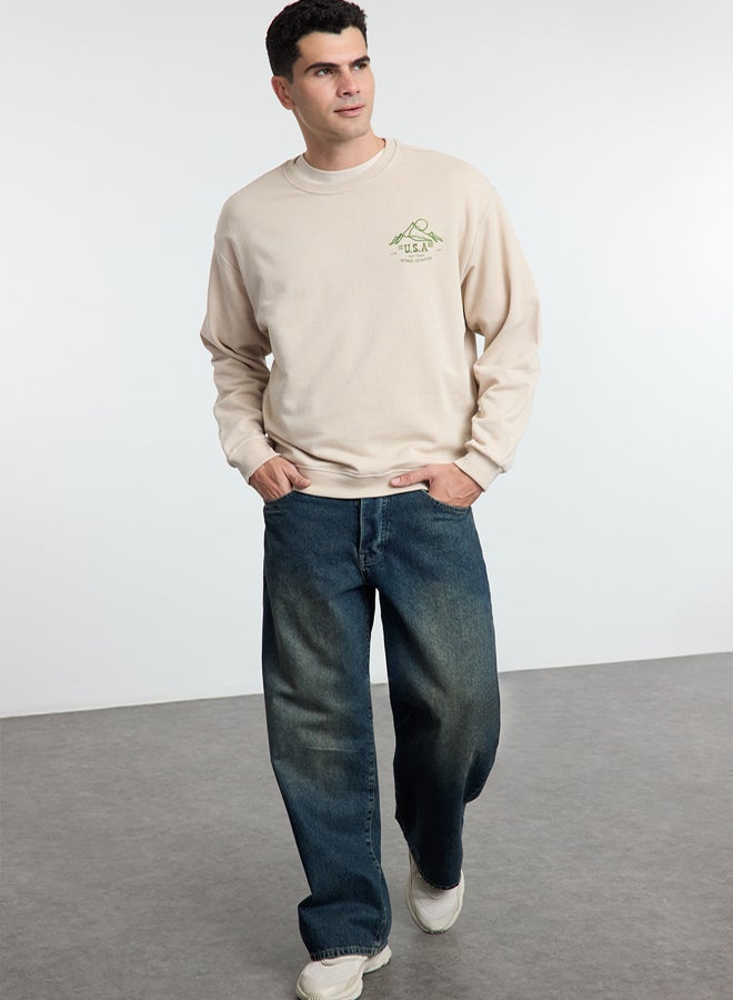 trendyol Stone Oversize/Wide Cut Printed and Embroidered Polar Fleece Sweatshirt TMNAW25SW00153 - Image 1