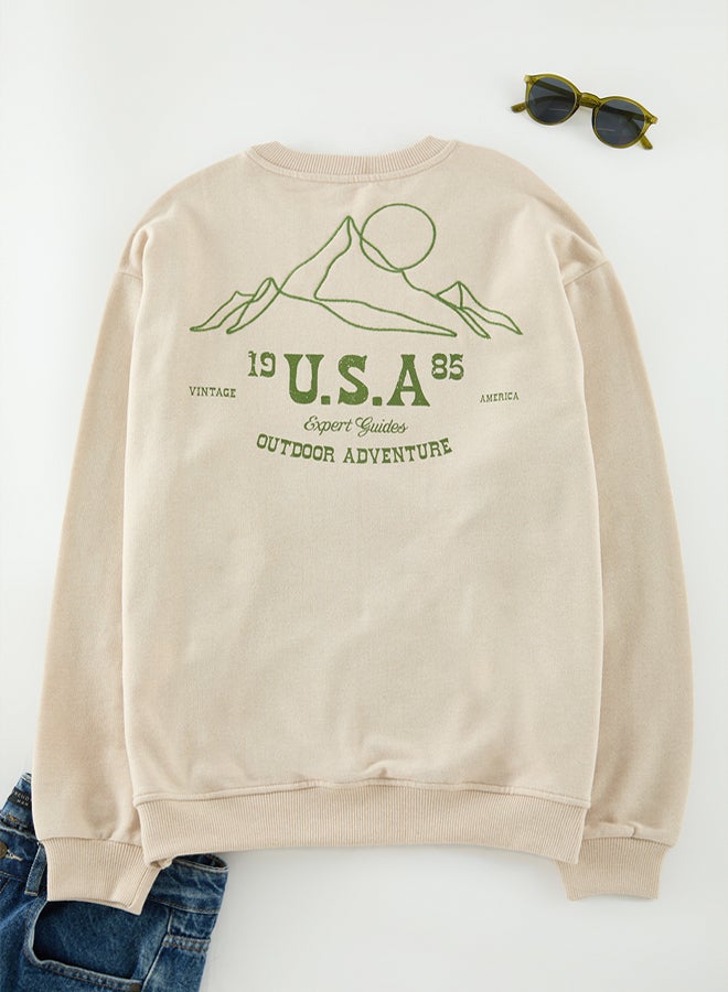 trendyol Stone Oversize/Wide Cut Printed and Embroidered Polar Fleece Sweatshirt TMNAW25SW00153 - Image 5