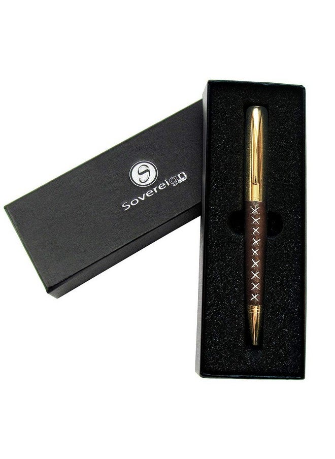Sovereign-Gear Leather Wrapped Ballpoint Pen For Men And Women - Stylish Faux Leather And Gold Smooth Flowing Non Smudge Ink And Light To Hold - Lovely Presentation Box  - Image 1