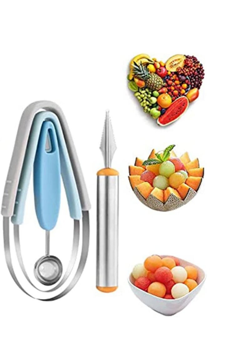 SYOSI مجموعة ملعقة البطيخ 4 قطع 4 في 1 ملعقة البطيخ مجموعة مكاشط الفواكه سكين نحت الفواكه من الفولاذ المقاوم للصدأ مقشر البطيخ قاطع البطيخ أداة مطبخ متعددة الوظائف ملعقة الفواكه ملعقة البطيخ - Image 1