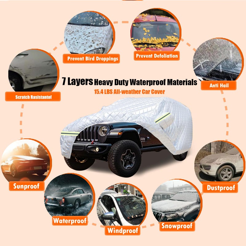 SNKOL 7 Layers Waterproof Heavy Duty Car Covers for Automobiles All Weather Season Anti-Hail UV Protection Snowproof Outdoor 15.4LBS Full Cover Universal Fit SUV 201" to 206" - Image 3