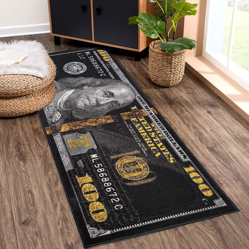 HUAHOO Black Money Rugs 100 Dollar Bill Area Rug Door Mat Runner for Living Room Bedroom Indoor Outdoor Rug 22" x 53" - Image 3