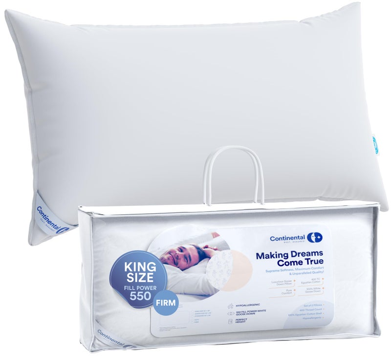 Continental Bedding Continental Bedding  Harmony White Down Pillow  550 Fill Power  400 Thread Count Cotton Cover  Made in USA  Firm King Pack of 1 