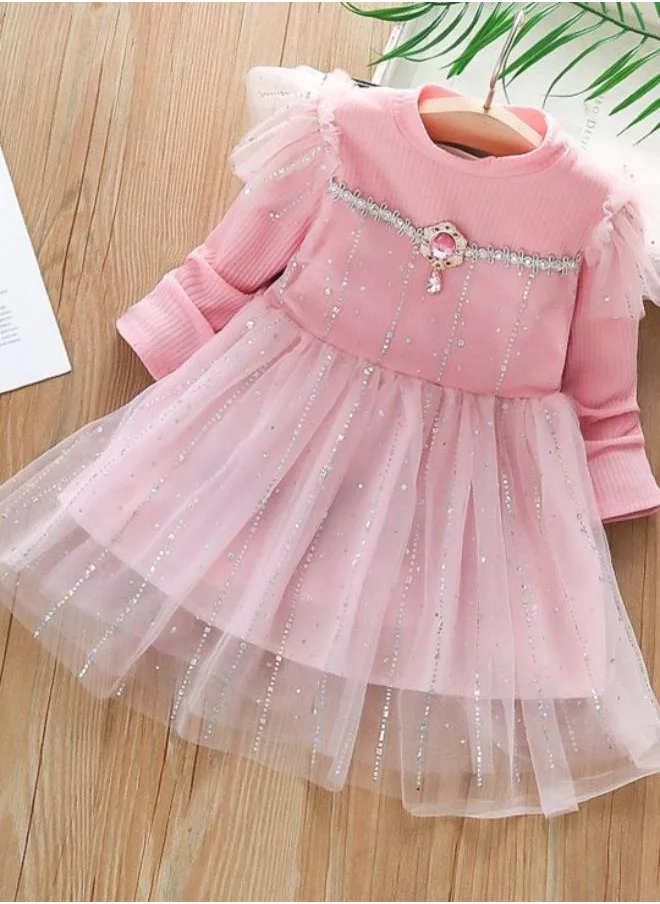 YUNIQEE Pink Fit & Flare Crew Neck Embellished Dress