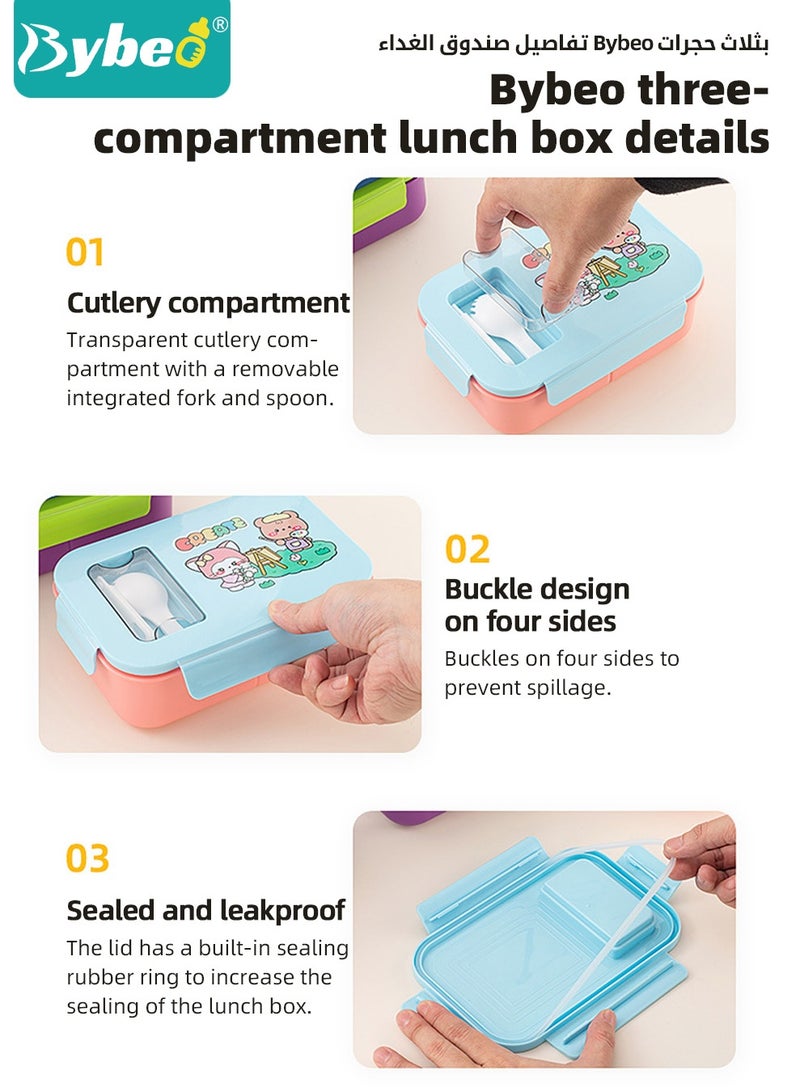 Bybeo Portable Kids Bento Box Set, Children Lunch Box with Water Bottle for School, Snack Containers for Travel, 3 Compartments Meal Prep Removable Divider, BPA Free, Microwave & Dishwasher Safe - Image 4