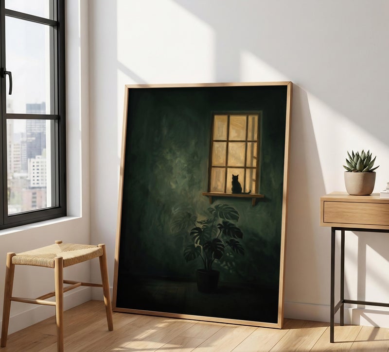 TNESSENTIAL Black Cat Window Print – Moody Botanical Wall Art, Dark Green Room Poster, Monstera Plant Decor, Cozy Night Art, Feline Silhouette - Image 4