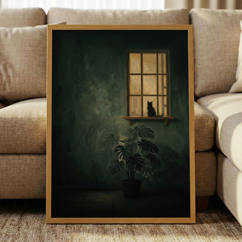 TNESSENTIAL Black Cat Window Print – Moody Botanical Wall Art, Dark Green Room Poster, Monstera Plant Decor, Cozy Night Art, Feline Silhouette - Image 1