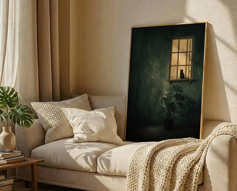 TNESSENTIAL Black Cat Window Print – Moody Botanical Wall Art, Dark Green Room Poster, Monstera Plant Decor, Cozy Night Art, Feline Silhouette - Image 3