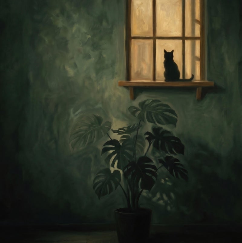 TNESSENTIAL Black Cat Window Print – Moody Botanical Wall Art, Dark Green Room Poster, Monstera Plant Decor, Cozy Night Art, Feline Silhouette - Image 2