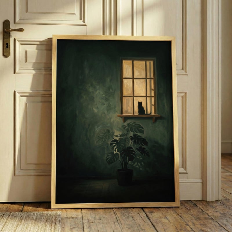 TNESSENTIAL Black Cat Window Print – Moody Botanical Wall Art, Dark Green Room Poster, Monstera Plant Decor, Cozy Night Art, Feline Silhouette - Image 5
