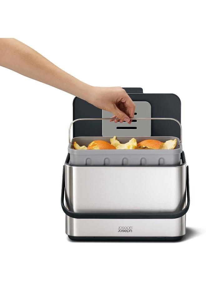 Joseph Joseph حاوية سماد الطعام من جوزيف جوزيف سعة 1.06 جالون من الفولاذ المقاوم للصدأ مع مقبض، دلو داخلي قابل للإزالة وحقائب تخزين، تشمل فلتر رائحة و3 حقائب تخزين - Image 3