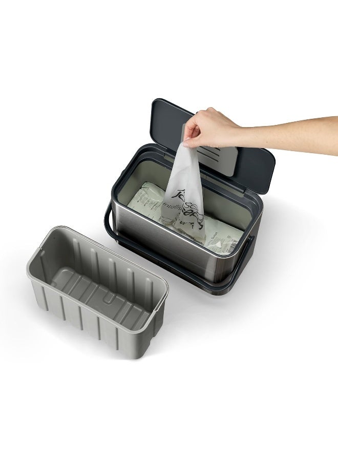 Joseph Joseph حاوية سماد الطعام من جوزيف جوزيف سعة 1.06 جالون من الفولاذ المقاوم للصدأ مع مقبض، دلو داخلي قابل للإزالة وحقائب تخزين، تشمل فلتر رائحة و3 حقائب تخزين - Image 4