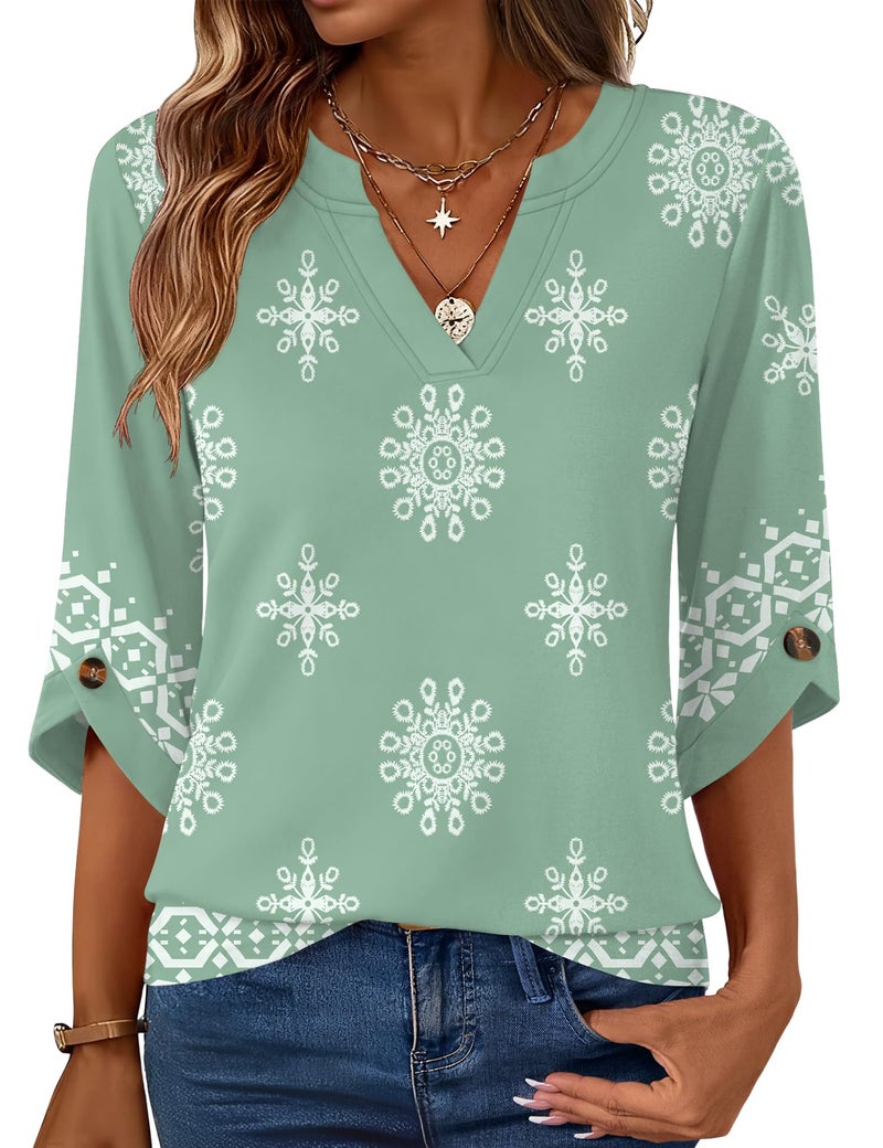 Kistore Boho Tops for Women 3/4 Length Sleeve Spring Trendy Casual Dressy Blouses 2026 Pullover Shirts Green Floral M - Image 1