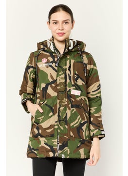 Women Camouflage Puffer Jacket, Olive/Brown