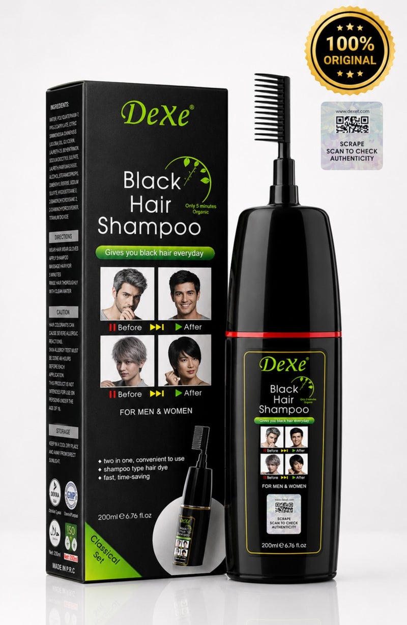 Dexe Black Hair Shampoo 200ml – Instant Black Hair Dye Shampoo for Grey Hair Coverage – Long Lasting Natural Black Hair Color for Men & Women - Image 1