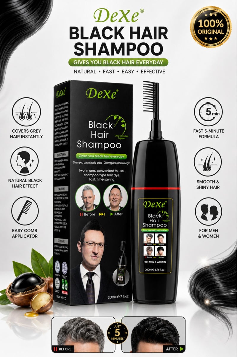 Dexe Black Hair Shampoo 200ml – Instant Black Hair Dye Shampoo for Grey Hair Coverage – Long Lasting Natural Black Hair Color for Men & Women - Image 2