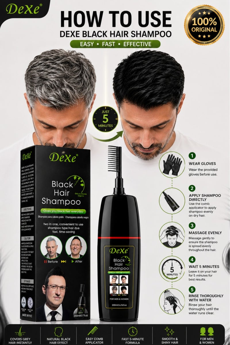 Dexe Black Hair Shampoo 200ml – Instant Black Hair Dye Shampoo for Grey Hair Coverage – Long Lasting Natural Black Hair Color for Men & Women - Image 3