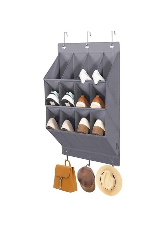 HOOKOR Durku Over the Door Shoe Organizer,Hanging Shoe Organizer Rack,12 Large Pockets and 2 Larger Storage Various Compartments with 3 Hooks, Home Accessories, Grey (12 Pockets)  - Image 1