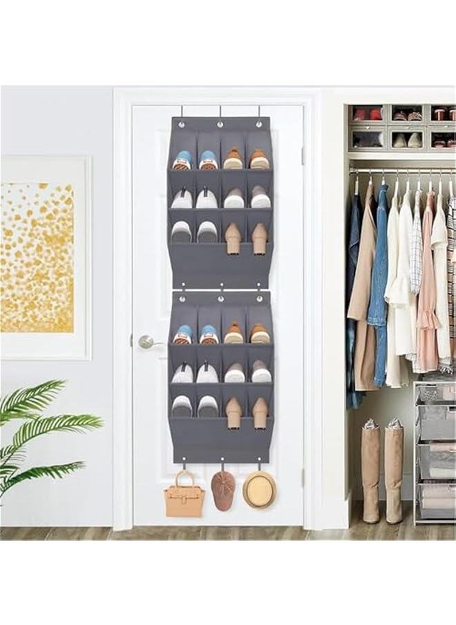 Durku Over the Door Shoe Organizer,Hanging Shoe Organizer Rack,12 Large Pockets and 2 Larger Storage Various Compartments with 3 Hooks, Home Accessories, Grey (12 Pockets)