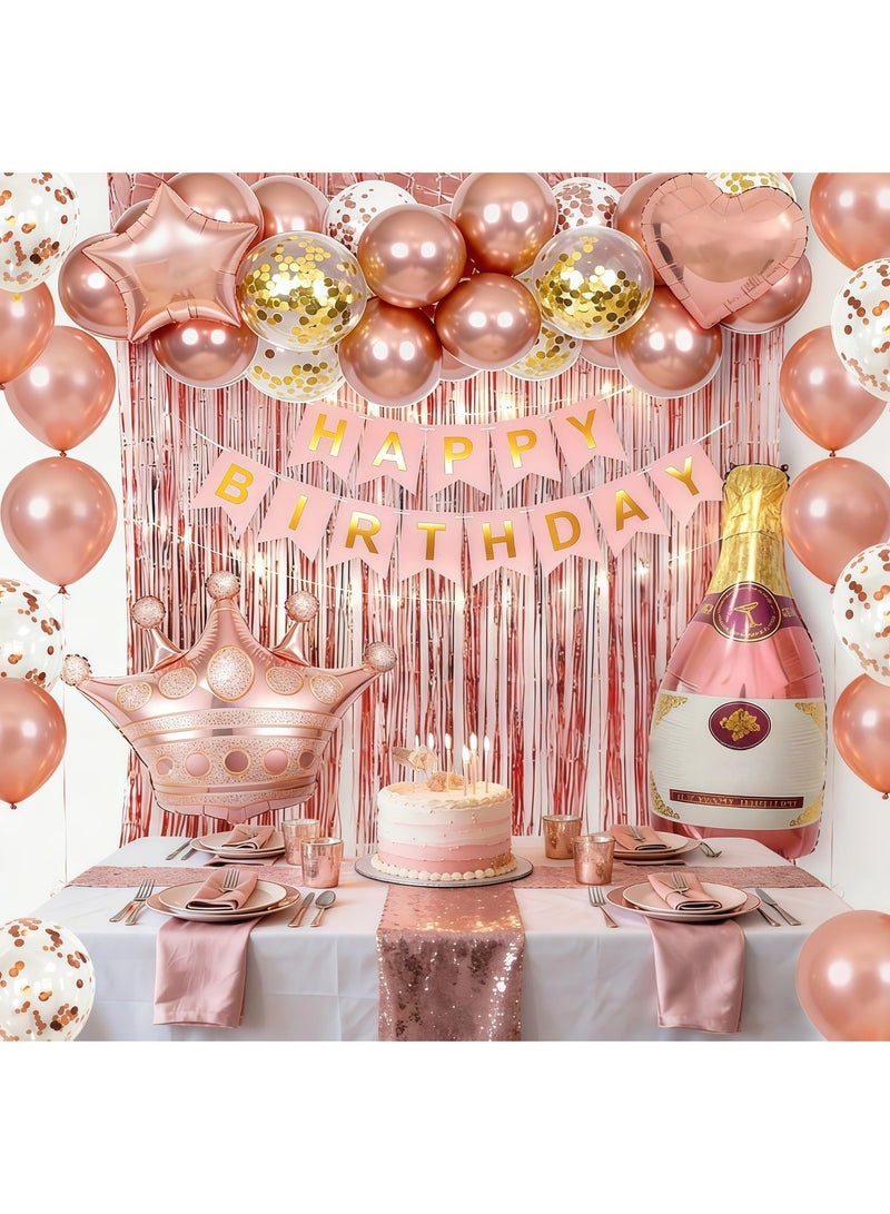 عالم البالونات زينة عيد ميلاد باللون الذهبي الوردي للنساء، لافتة "عيد ميلاد سعيد"، ستائر خلفية، زجاجة، تاج، بالونات على شكل قلب ونجمة باللون الذهبي الوردي، لوازم حفلات أعياد ميلاد الفتيات والسيدات - Image 3