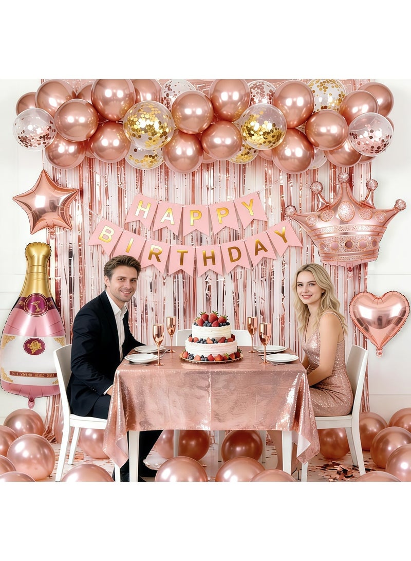 عالم البالونات زينة عيد ميلاد باللون الذهبي الوردي للنساء، لافتة "عيد ميلاد سعيد"، ستائر خلفية، زجاجة، تاج، بالونات على شكل قلب ونجمة باللون الذهبي الوردي، لوازم حفلات أعياد ميلاد الفتيات والسيدات - Image 4