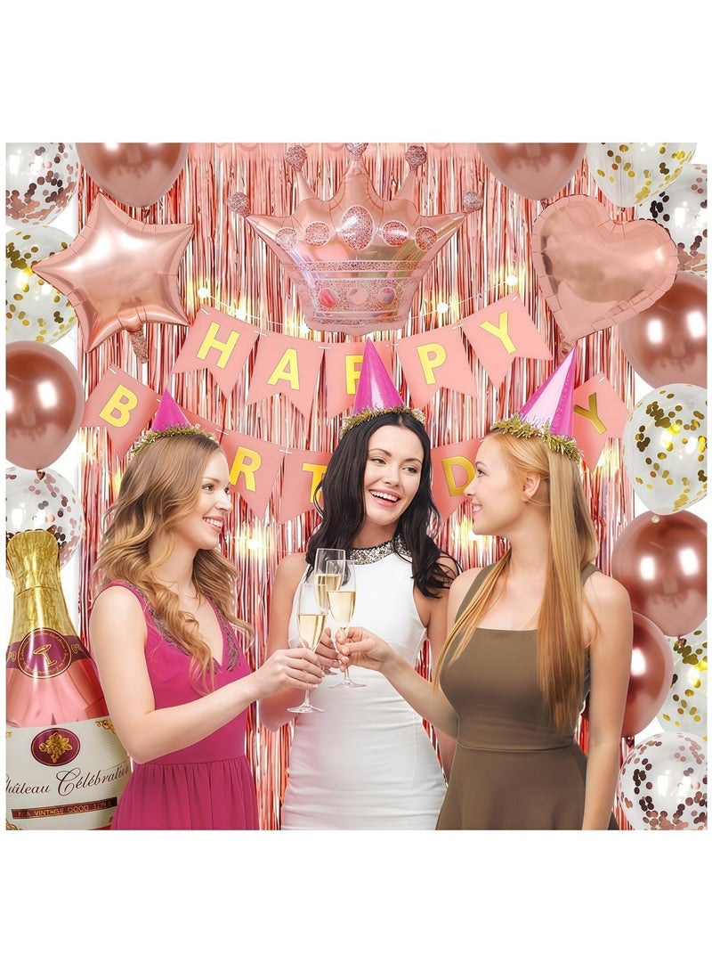 عالم البالونات زينة عيد ميلاد باللون الذهبي الوردي للنساء، لافتة "عيد ميلاد سعيد"، ستائر خلفية، زجاجة، تاج، بالونات على شكل قلب ونجمة باللون الذهبي الوردي، لوازم حفلات أعياد ميلاد الفتيات والسيدات - Image 5