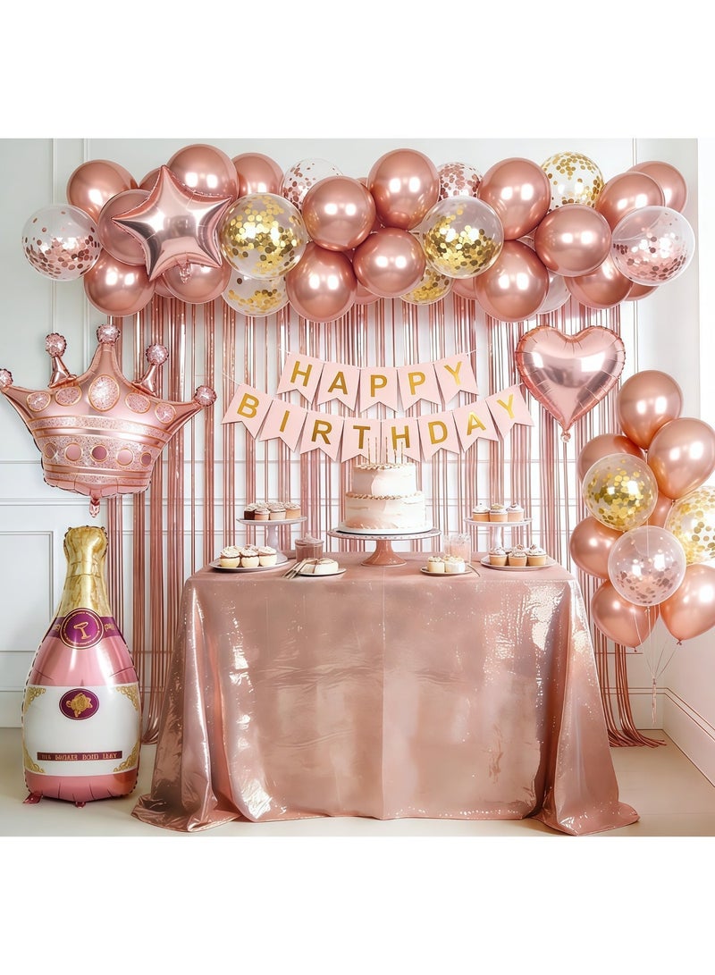 عالم البالونات زينة عيد ميلاد باللون الذهبي الوردي للنساء، لافتة "عيد ميلاد سعيد"، ستائر خلفية، زجاجة، تاج، بالونات على شكل قلب ونجمة باللون الذهبي الوردي، لوازم حفلات أعياد ميلاد الفتيات والسيدات - Image 1